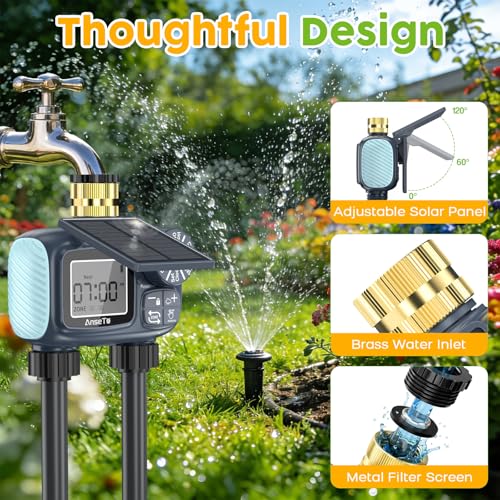 Solar Sprinkler Timer,2 Zone Brass Inlet Water Timer for Garden Hose