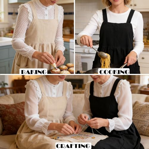 Cotton Linen Apron Cross Back Apron for Women with Pockets Pinafore Dress - color: 2 Pack-black+beige