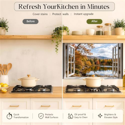 Autumn Lake Window Backsplash Sticker 17.3 x 28 in Peel and Stick PVC - color: Colorful1600