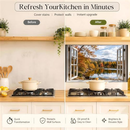Autumn Lake Window Backsplash Sticker 17.3 x 28 in Peel and Stick PVC - color: Colorful1600