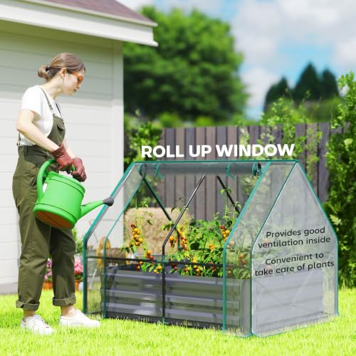 Outsunny 4 x 3ft Metal Planter Box with Mini Greenhouse Clear and Dark Gray - color: Clear and Dark Gray