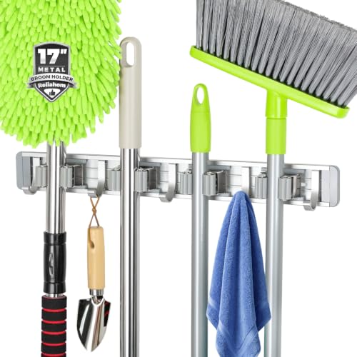 reliahom Broom Holder Wall Mount Mop Hanger Tools organizer 4Racks 5Hooks - color: Gray