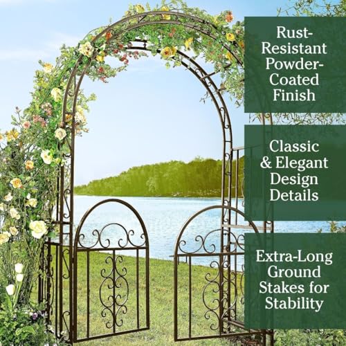 Plow & Hearth Arch Metal Outdoor Garden Arbor Double Gate | Montebello | 7 Feet Tall | Gunmetal Black | Steel Iron Trellis Lattice Climbing Plants & Heavy Vines - color: Gunmetal Montebello with Gate