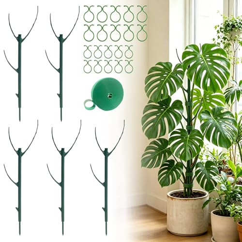 5-Pack Monstera Plant Support Stakes, 11 Inch Stackable Plant Stakes for Indoor Plants with Twist Clips and Plant Ties, Great for Climbing Potted Plants, Indoor & Outdoor Garden Stake Set