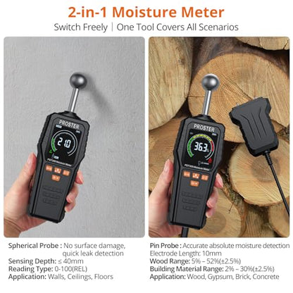 Proster 2-in-1 Moisture Meter Pin/Pinless Rechargeable 3-Color Bar - color: Black 2 in 1