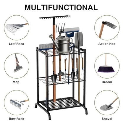 RANXFLOAT Garden Tool Organizer with Storage Hooks, Yard Tool Tower Rack for Garage Organization and Storage, Up to 35 Long-Handled Tools, Metal Tool Holder with 6 Hooks, Black