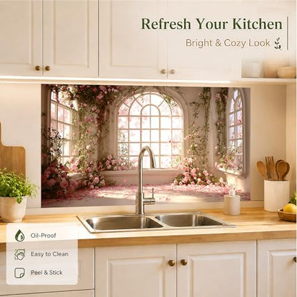 Kitchen Wallpaper 17.3x28 in Rose Garden Arched Window for Backsplash - color: Colorful1281