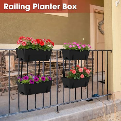 4 Pcs Hanging Flower Pots, 16.9 Inches Railing Planter Box, Black - color: Black