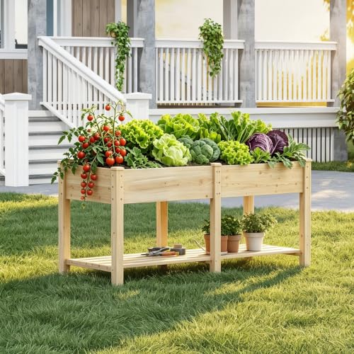 Wood Raised Garden Bed Outdoor Planter Box Herb Planter Garden Bed With Leg - color: Natural, size: Large