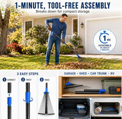 Adjustable Leaf Rake, 8-17" Collapsible Metal Head, 6FT Long Handle - size: 75 Inch