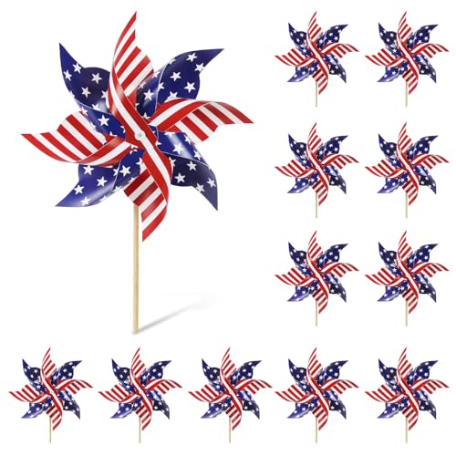 HOOSUN 4th of July Decorations,12Pcs American Flag Patriotic Pinwheels for Yard and Garden,Fourth of July Pinwheels Patriotic Memorial Day Decorations,Garden Wind Spinners,Pinwheel for Kids,Lawn,Patio - color: Red, Blue. White
