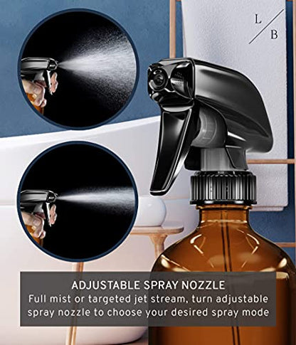 LiBa Amber Glass Spray Bottles 2 Pack 16oz Refillable Adjustable Nozzle