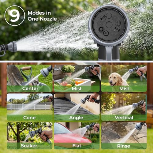 Etoolab Retractable Garden Hose Reel 100+6.6ft x 5/8 in with 9 Spray Nozzle - color: Grey