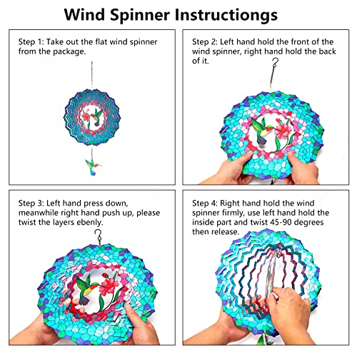 12" Hummingbird Hanging Wind Spinners, 3D Kinetic Metal Wind Spinner - color: Blue & Green