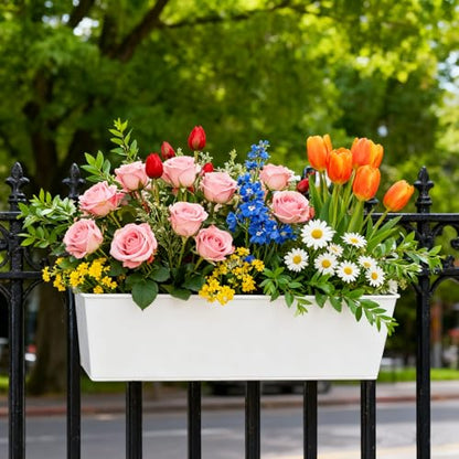 4 PCS Railing Flower Pots, 16 Inch Hanging Planter Box with Detachable Hooks, Balcony Hanging Planters for Deck, Fence, Garden Yard, Home Decor, White