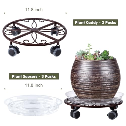 Planterhoma 3 Pack Plant Caddy with Wheels & Saucers, 11.8" Heavy Duty Metal Rolling Plant Stand, Plant Dolly with Lockable Casters, Rustproof Iron Planter Mover for Indoor Outdoor, Bronze - color: Bronze