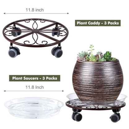 Planterhoma 3 Pack Plant Caddy with Wheels & Saucers, 11.8" Heavy Duty Metal Rolling Plant Stand, Plant Dolly with Lockable Casters, Rustproof Iron Planter Mover for Indoor Outdoor, Bronze - color: Bronze