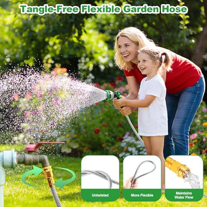 Garden Hose 50FT, Stainless Steel Metal Water Hose with 10-Function Nozzle - color: Silver
