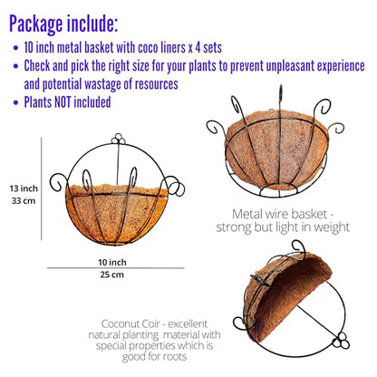 ShopLaLa Hanging Wall Planters (10 in, 4 Pack) Black Coco Liner Flower Pots - size: 10" (25cm) x 4 Pack