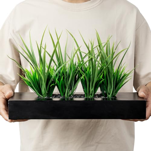 MyGift Artificial Grass Plant in Rectangular Wood Planter (Black, 10 Inch) - color: Black, size: 14 Inch