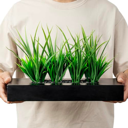 MyGift Artificial Grass Plant in Rectangular Wood Planter (Black, 10 Inch) - color: Black, size: 14 Inch