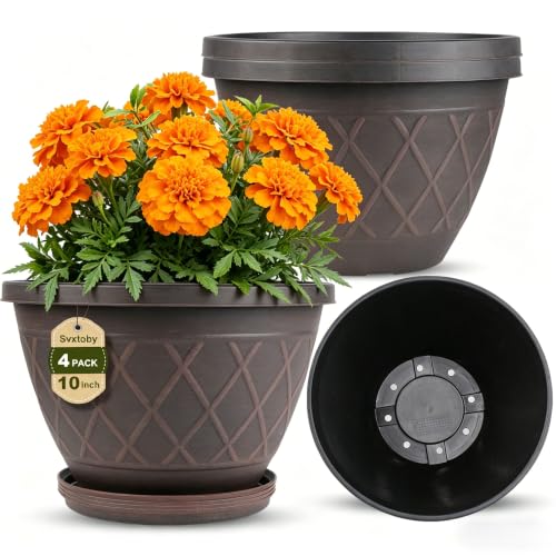 4 Pack 10 Inch Plant Pot, Planter Pots with Drainage Holes & Saucers - size: 10 Inch - 4Pack