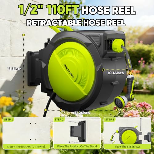 110 FT 1/2" Retractable Garden Hose Reel, Wall Mount - color: Upgrade-green, size: 110FT-1/2"