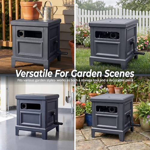Garden Hose Reel Hideaway, Heavy Duty Metal Hose Reel Box Holds 125FT x 5/8" Hose, Steel Hose Storage Box with Manual Crank, Hose Guide and Leak-Proof Aluminum Connections, Stable 4-Leg Base - color: Dark Gray