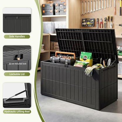 100 Gallon Deck Box Outdoor Storage Box Lockable Waterproof Resin Indoor Outdoor Storage Container for Patio Cushions, Tools, Package Delivery Boxes for Outside