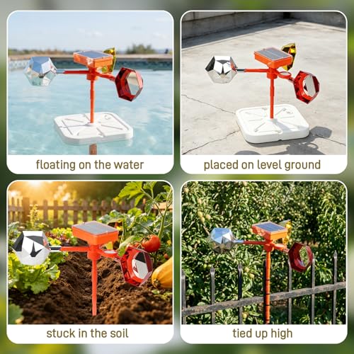 Solar Floating Pool Bird Deterrent, 360° Wind-Driven Reflective Spinner with Sound Box, Upgraded Duck Away Reflector with Shatterproof Mirror for Garden, Patio, Boat & Orchard