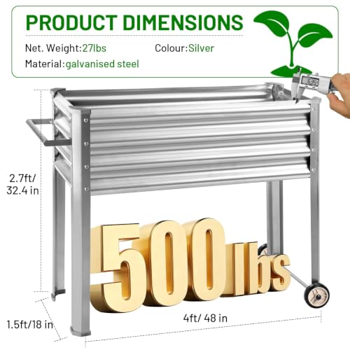 Land Guard 2 Pack Galvanized Raised Garden Bed with Legs & Wheels, 48×18×32in Metal Elevated Raised Planter Box for Backyard, Patio, Balcony, 500lb Capacity, Silver - color: Silver, size: 48×18×32in (2-Pack)