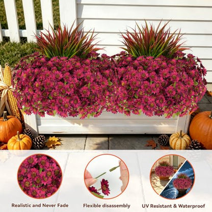 15 Pcs Artificial Fall Flowers for Outdoor Fake Mums Porch Decor, Red