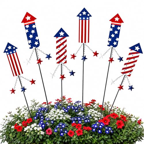 6Pack 4th of July Decorations Outdoor,21.15'' Red White Blue Metal Firework Decorative Garden Stakes for Independence Day Garden Decor,Americana Patriotic Yard Signs Decor for Garden Lawn Porch - color: Fireworks