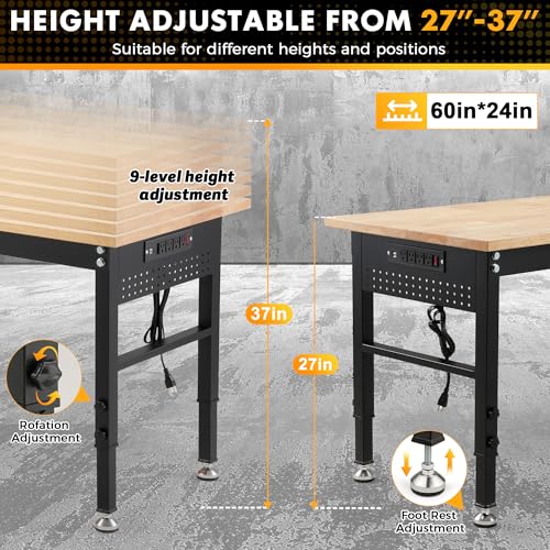 60" Adjustable Workbench with Rubberwood Top & Power Outlet,Large 60 x24Inch 9-Level Height Range 27"-37", 2000 LBS Heavy Duty Capacity for Workshop, Office, Garage, Home - size: 60*24 Inch