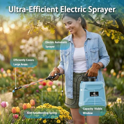 2.4 Gallon Battery Powered Sprayer, 9L Electric Pump Sprayer for Large Lawn & Yard, 2-Speed & 5 Spray Modes with 3 Nozzles, Telescopic Wand, Battery Indicator, Shoulder Strap - color: Blue/2.4 Gallon