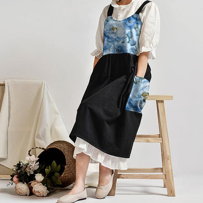 Cotton Linen Apron Cross Back Apron for Women with Pockets Pinafore Dress - color: Flora Black
