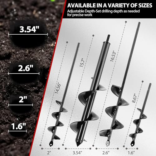 MAZING Auger Drill Bit for Planting, 4Pcs Garden Ground Earth Spiral Drill Bits, Heavy Duty Bulb Planter Tool for Post Hole Digger Plant Flower Bedding Digging, Fit for 3/8" Hex Drive Drill