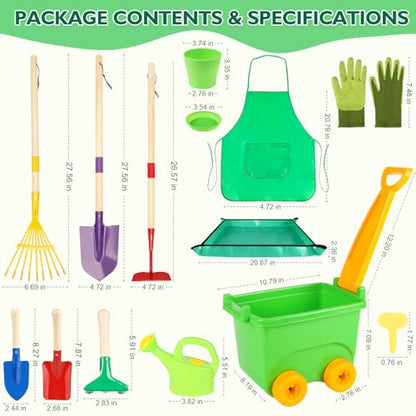 FHOZGECY Kids Gardening Set with Wheelbarrow and Metal Tools for Ages 3-8