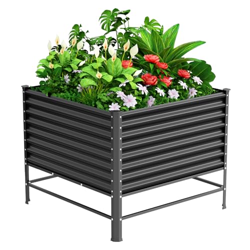 Doniks Raised Garden Bed with Legs, 48×48×37in Large Outdoor Metal Galvanized Garden Planting Box,1200lb Capacity for Vegetables Lawn Green Flowers, Fruits, Terrace