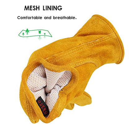 OZERO Leather Work Gloves, Gardening Gloves, Cowhide, Mesh Lining, 1Pair, M - color: Gold With Mesh Linning (1 Pair), size: Medium