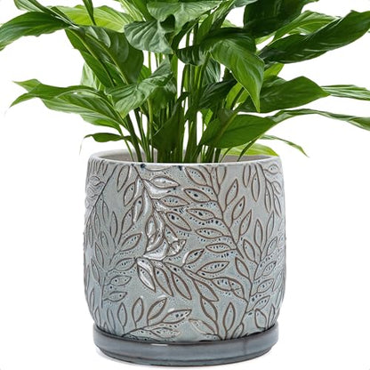D'vine Dev Embossed Leaves Ceramic Planter, 8 in, Graphite Blue, 27-A-Q-9 - color: Graphite Blue, size: 8 Inch