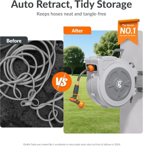 Giraffe Tools Retractable Hose Reel 1/2" x 65 ft Wall Mount Auto Rewind - size: 65ft