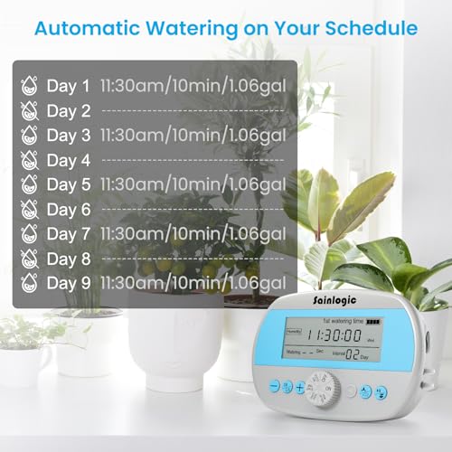 Sainlogic Smart Self-Watering System for 15 Potted Plants, Automatic Plant Waterer with Humidity Display, Deep Root Irrigation, IP64 Programmable Timer, for Vacation, Travel and Indoor Gardens