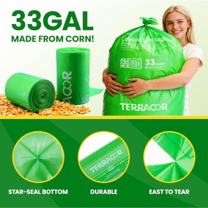 30-33 Gallon Compostable Trash Bags Liners Flat-Top, Heavy Duty Extra Thick 1.28 Mil, 124.92 Liter, 30 Bags, Lawn, Yard, and Restaurant Use, ASTM D6400, US BPI Certified - color: 33 Gal