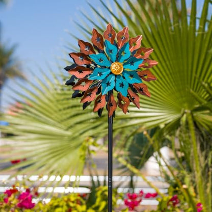 Viveta Kinetic Wind Spinner, 13" Dia Metal Wind Sculptures - color: Brown Blue-13“