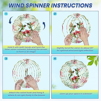 FLAGWIX Hummingbird Wind Spinner, 12 in Stainless Steel Garden Decor - color: Hummingbirds and Flowers