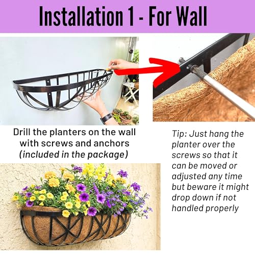 LaLaGreen 30 Inch, 2 Pack Window Boxes Planters – Black Metal Window Boxes for Outdoor Plant, Wall Mount Flower Pot with Coco Coir Liner, Attach to House Fence Balcony Herb for Patio Porch Garden - size: 30'' x 2 pack