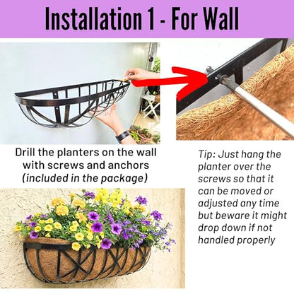LaLaGreen 30 Inch, 2 Pack Window Boxes Planters – Black Metal Window Boxes for Outdoor Plant, Wall Mount Flower Pot with Coco Coir Liner, Attach to House Fence Balcony Herb for Patio Porch Garden - size: 30'' x 2 pack