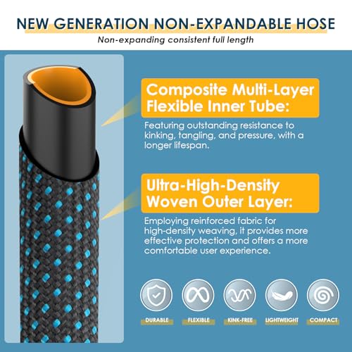 Non-Expandable Garden Hose 100 FT, Lightweight Hose with 10 Function Spray Nozzle, Kink-Free Flexible Water Hose, Durable, Leak-Proof, 360° Swivel Connectors, Portable Storage Strap