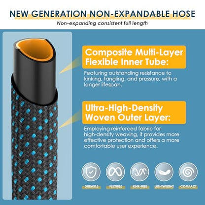 Non-Expandable Garden Hose 100 FT, Lightweight Hose with 10 Function Spray Nozzle, Kink-Free Flexible Water Hose, Durable, Leak-Proof, 360° Swivel Connectors, Portable Storage Strap